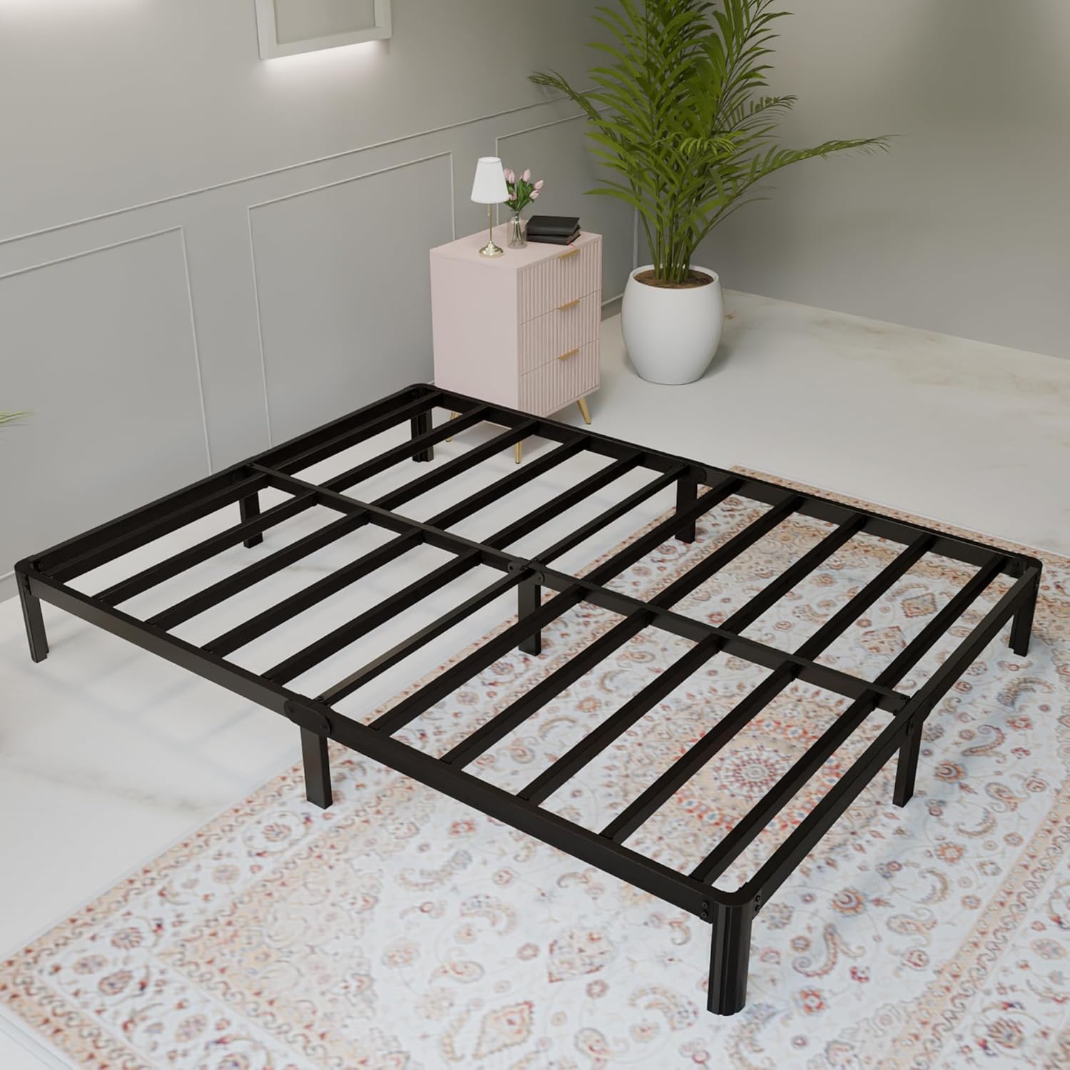 Full Size Black Metal Platform Bed Frame with Slats