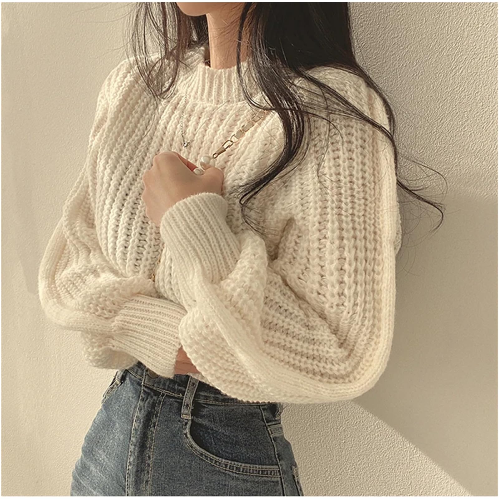 Sweter dla kobiet vintage latarnia długi rękaw damski sweter na co dzień jesień zima dzianina miękkie ciepłe topy elegancki solidny sweter damski