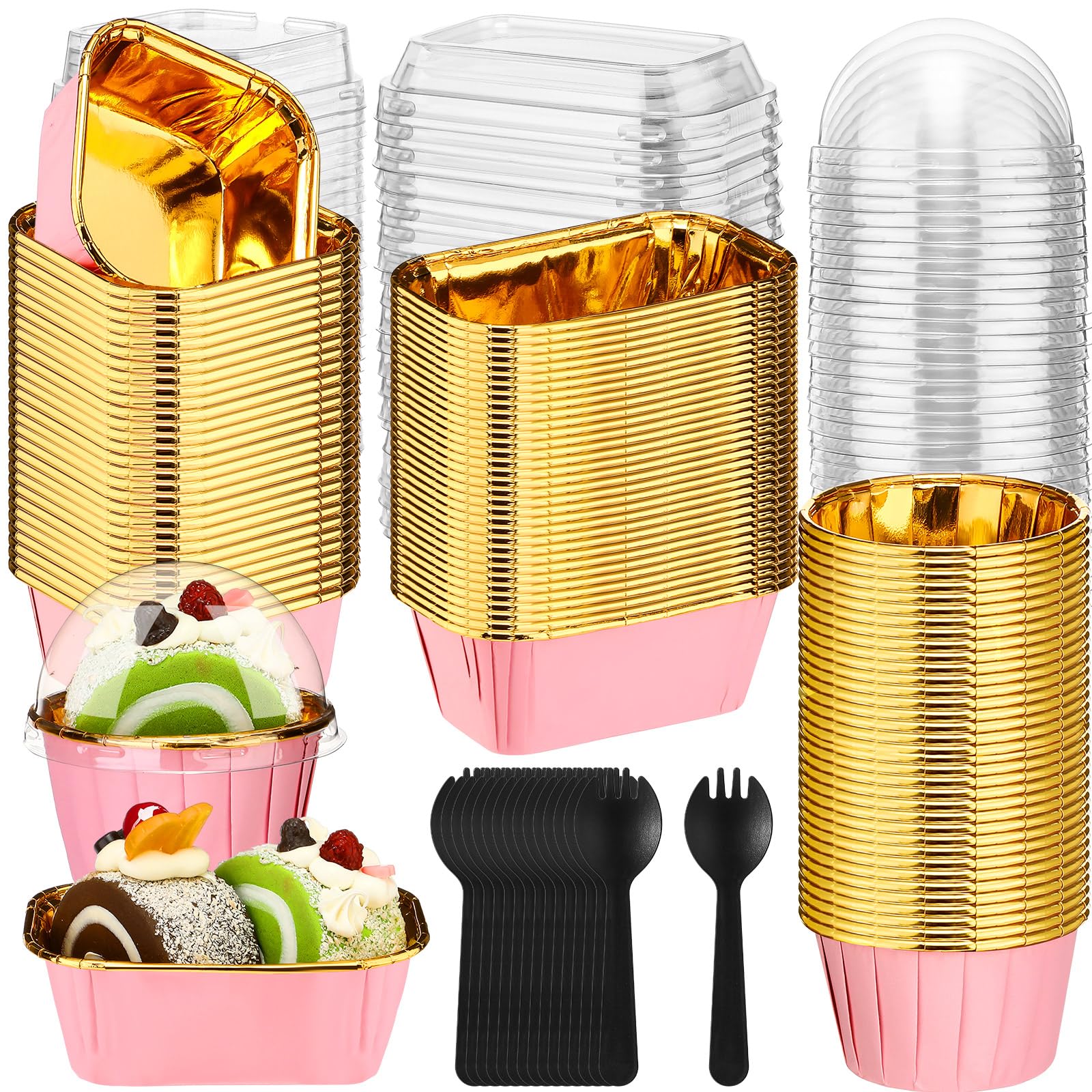 Baderke 150 mini moldes para tartas rosas con tapas y cucharas, ramequines desechables de 6.8 onzas, 5 onzas, redondos, rectangulares, cuadrados, para hornear, moldes para cupcakes, recipientes para