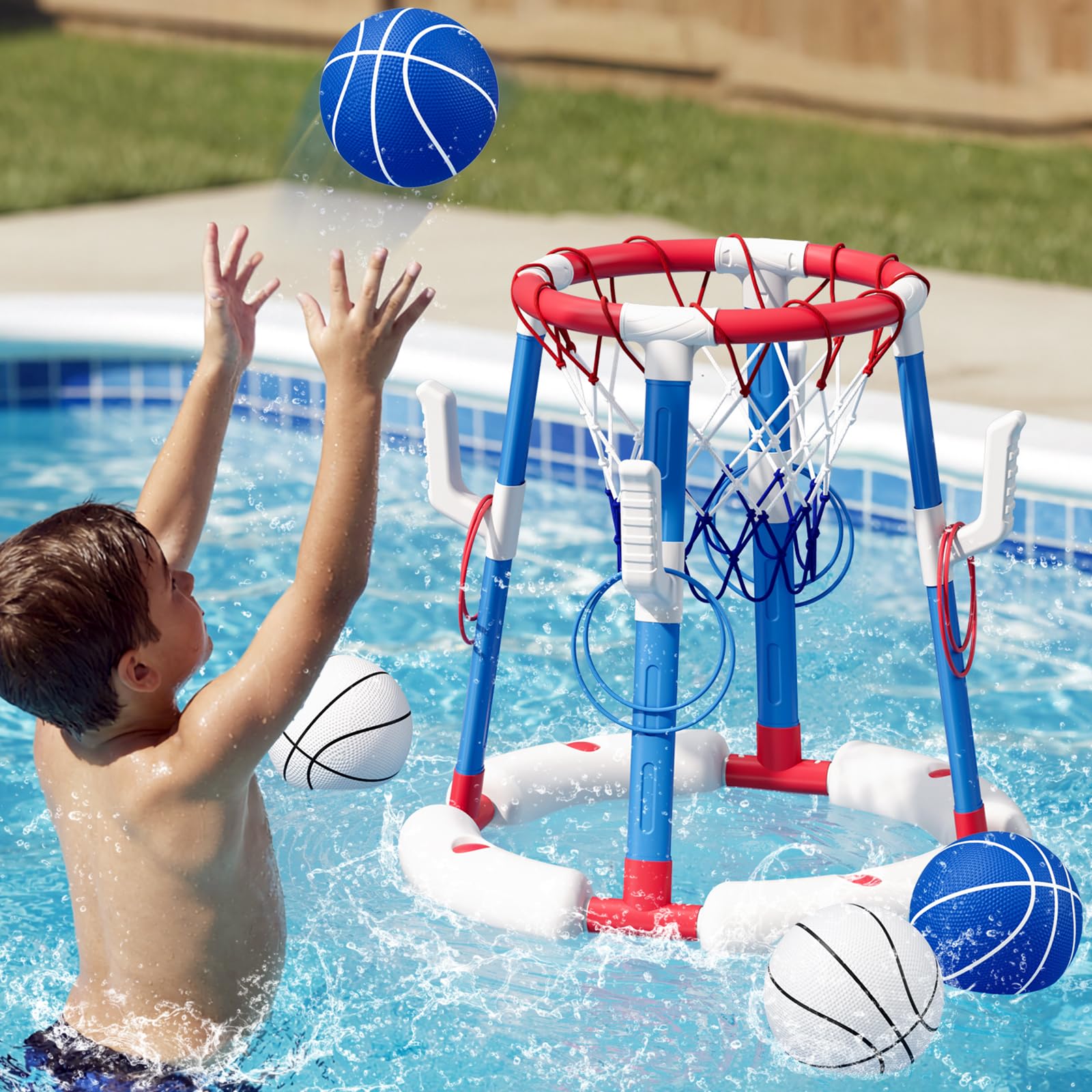 HYES Canasta de Baloncesto Piscina, Flotante Canasta Juguetes para Niños, Piscina de Baloncesto con 4 Bolas 8 Anillo, Juegos de Agua Interior y Exterior para Niños Adultos, Rojo