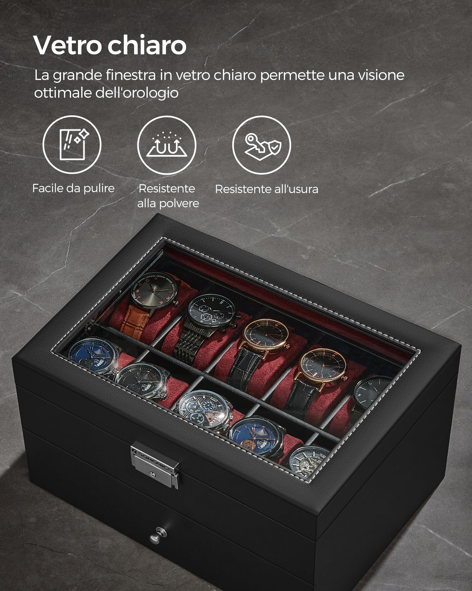 SONGMICS Porta Orologi, Scatola Portaorologi a 2 Livelli, Coperchio in Vetro, con Cuscinetti Rimovibili, Idea Regalo, Superficie in PU Nera, Interno Rosso Bordeaux JWB020R01