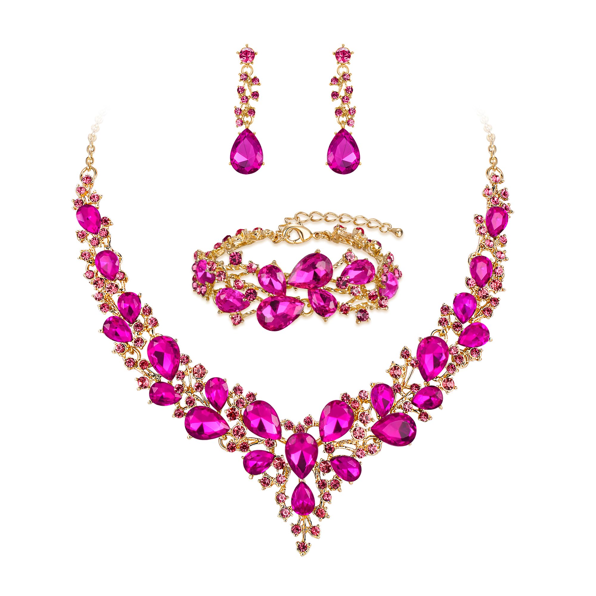 BriLove Wedding Bridal Jewelery for Women Austrian Crystal Teardrop Cluster Statement Necklace Dangle Earrings Link Bracelet Set