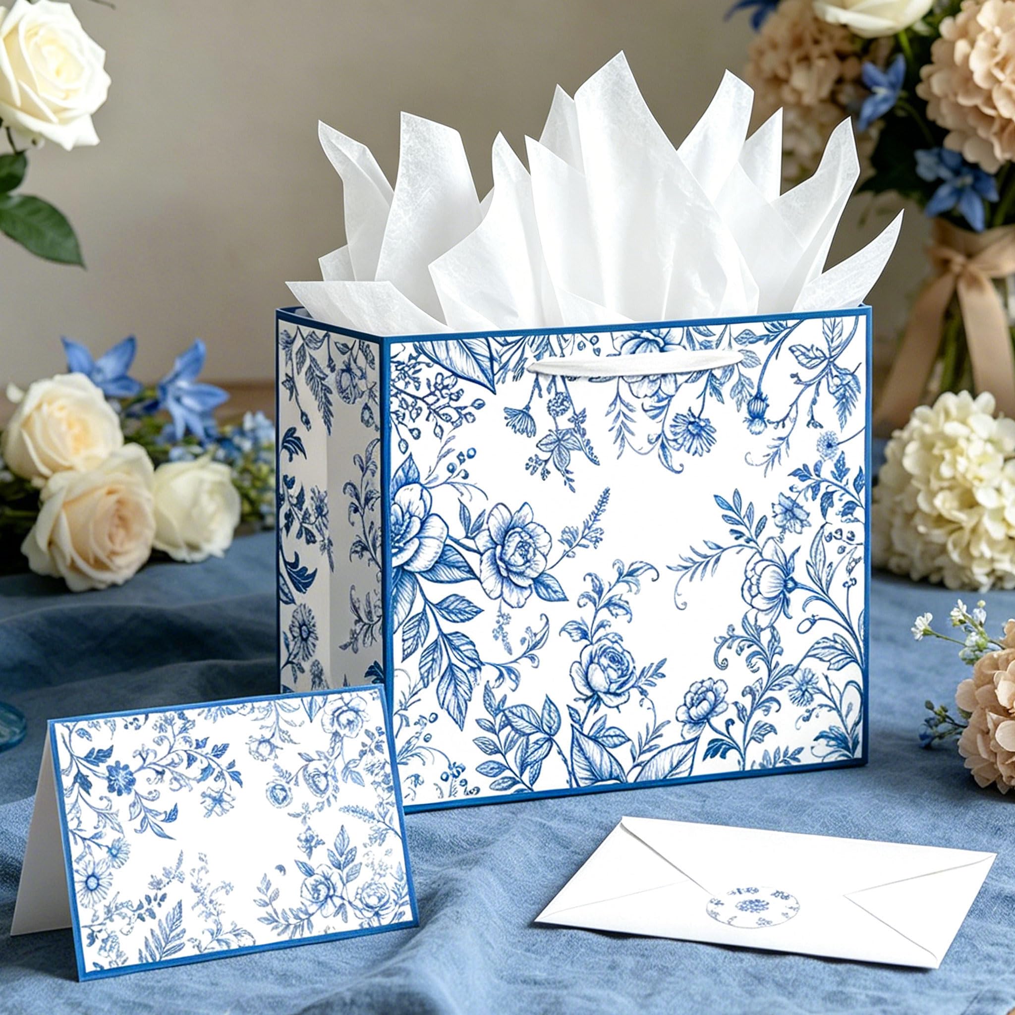 13 Inch Dusty Blue Wedding Gift Bag with Handles and Ribbon Bow Large Size Gift Bag with Tissue Paper and Card for Bridal Shower Engagement and Bride Gift Supplies