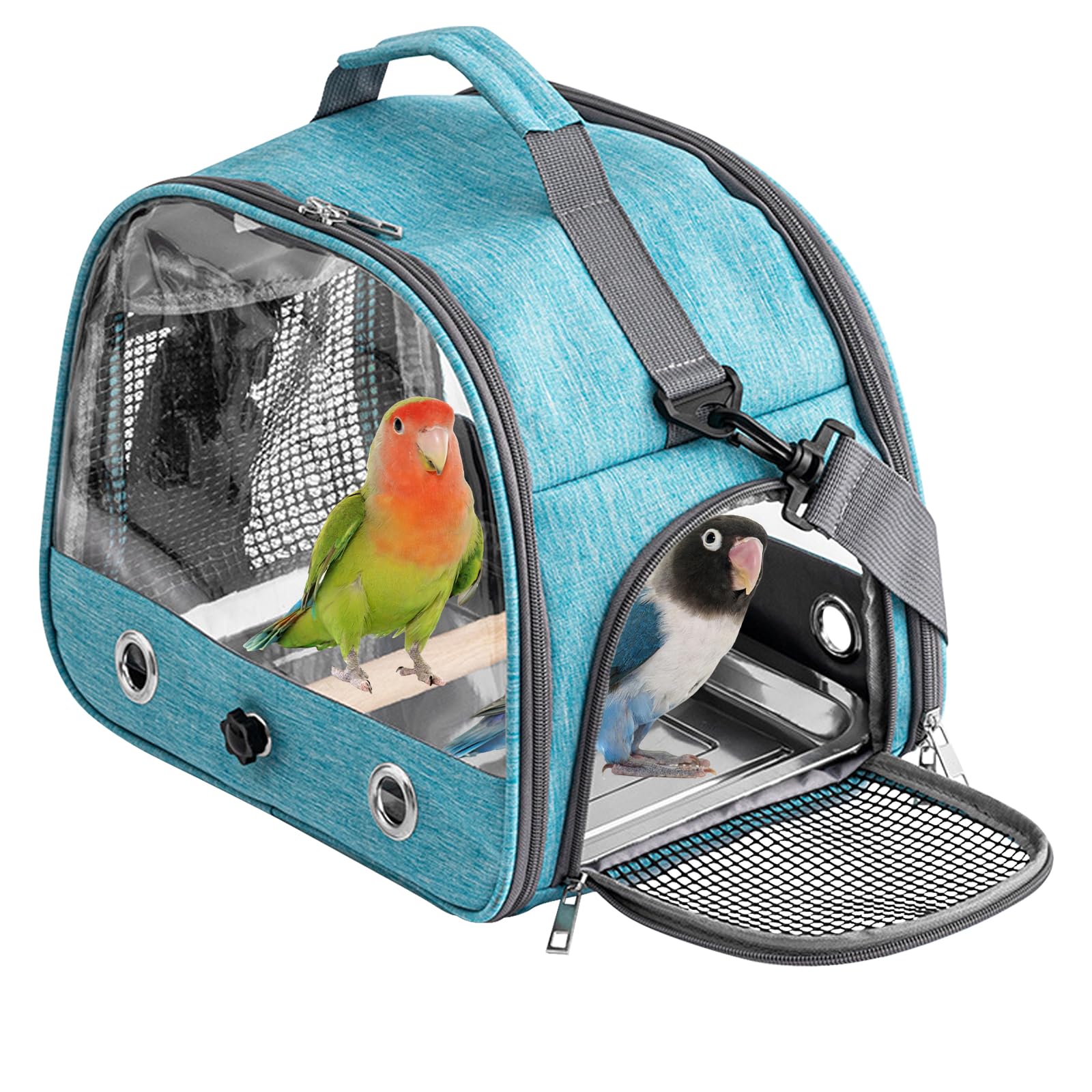 Borsa per il Trasporto di Uccelli con Asta e Vassoio in Acciaio Inox, Zaino Portatile per Pappagalli con Asta di Legno (Blue)