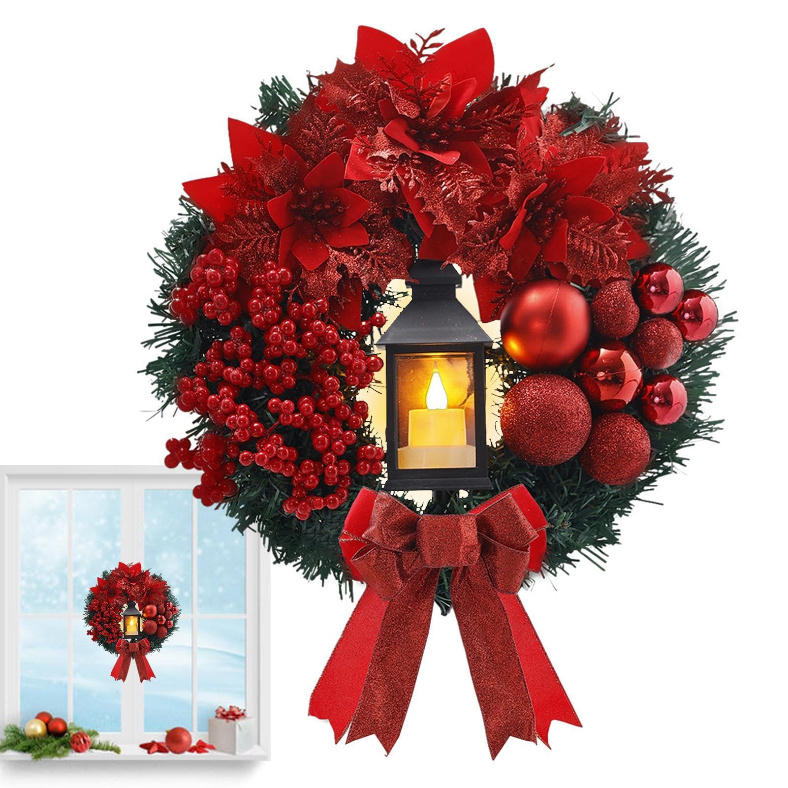 Couronne de Noël Lumineuse - Décoration avec lumières, Boules colorées - Magnifique Artificiel avec nœud de Fruits Rouge pour décorer Les Murs et Les étagères Lors des fêtes de fête
