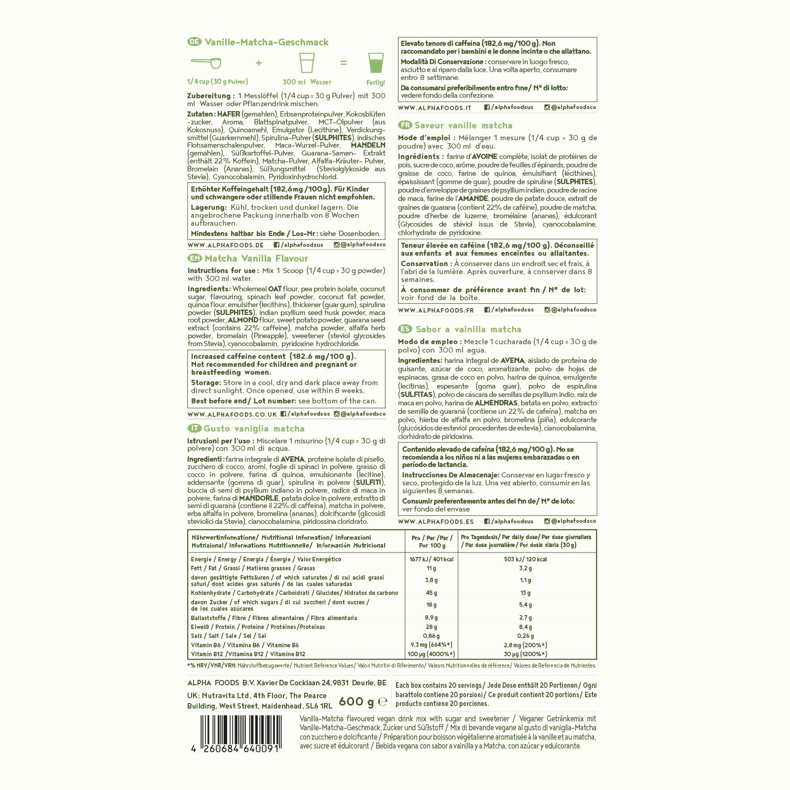 Alpha Foods Morning Fuel Vanille Matcha Shake, Morgens Satt & Gesund, Vitamin- und Nährstoffreiche Frühstücksmischung mit Protein aus Samen, Quinoa & Mandeln, 600 Gramm Pulver, 20 Portionen