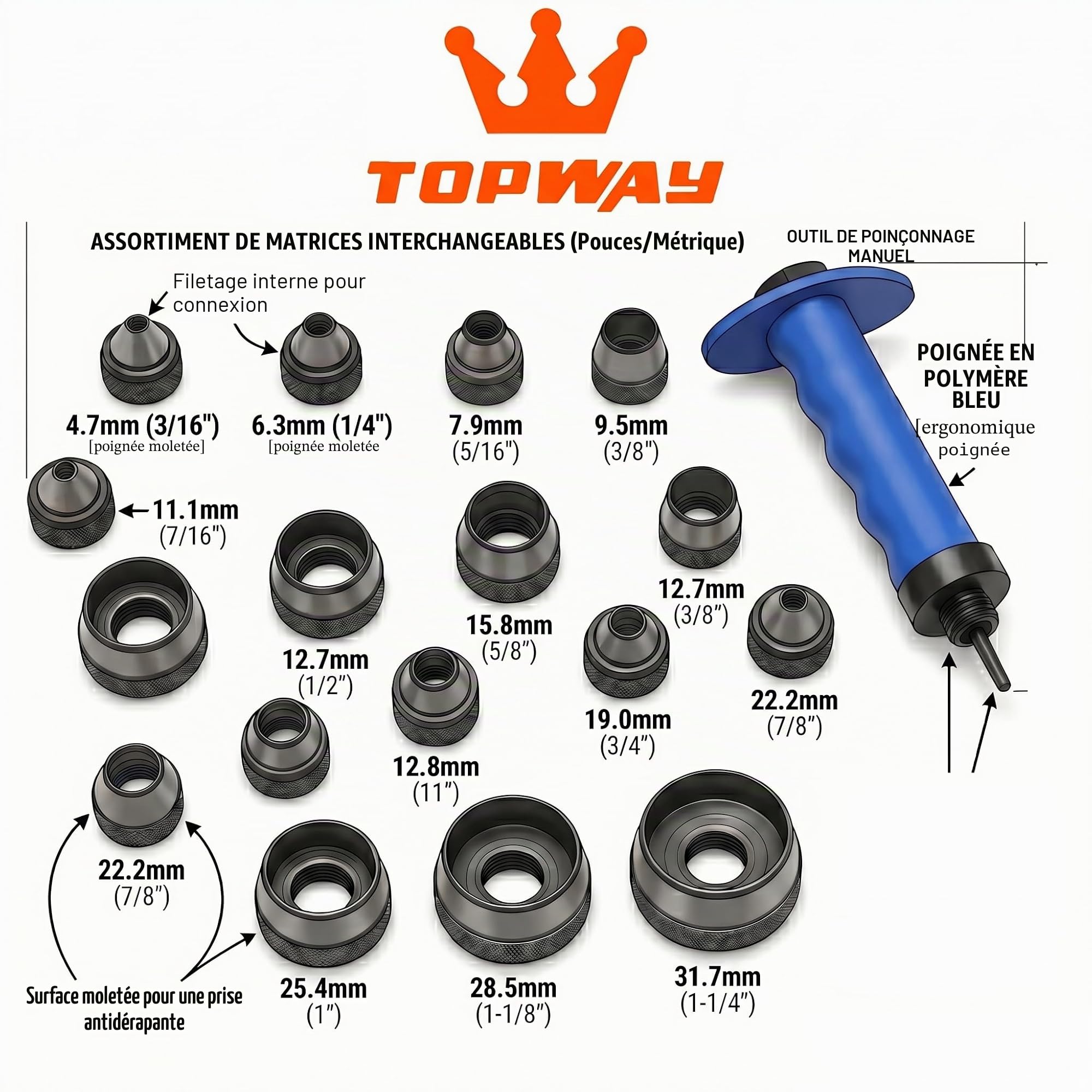 TOPWAY Ensemble de Poinçons Creux 14 Pièces, Coupe Perforateurs en Cuir Professionnel de 5-35mm avec Poignée de Serrage pour Ceinture de Travail du Cuir Joints en Caoutchouc Bracelet de Montre