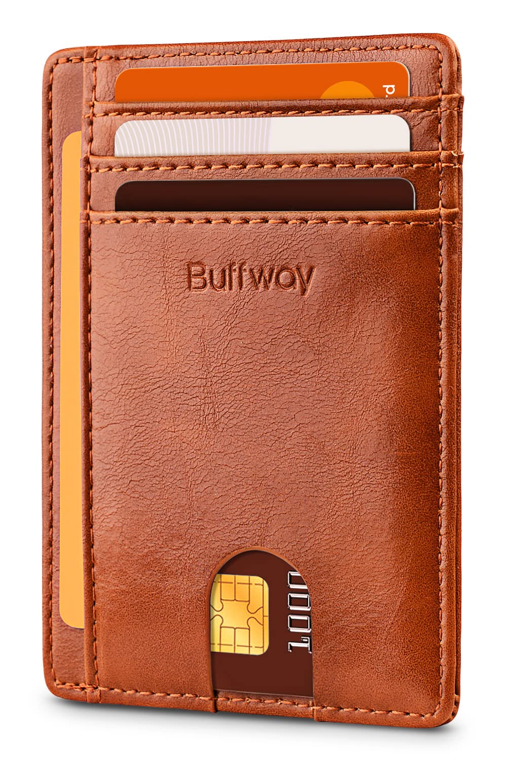Buffway Slim Minimalist Front Pocket RFID Blocking Leather Wallets for Men Women - Alaska Brown