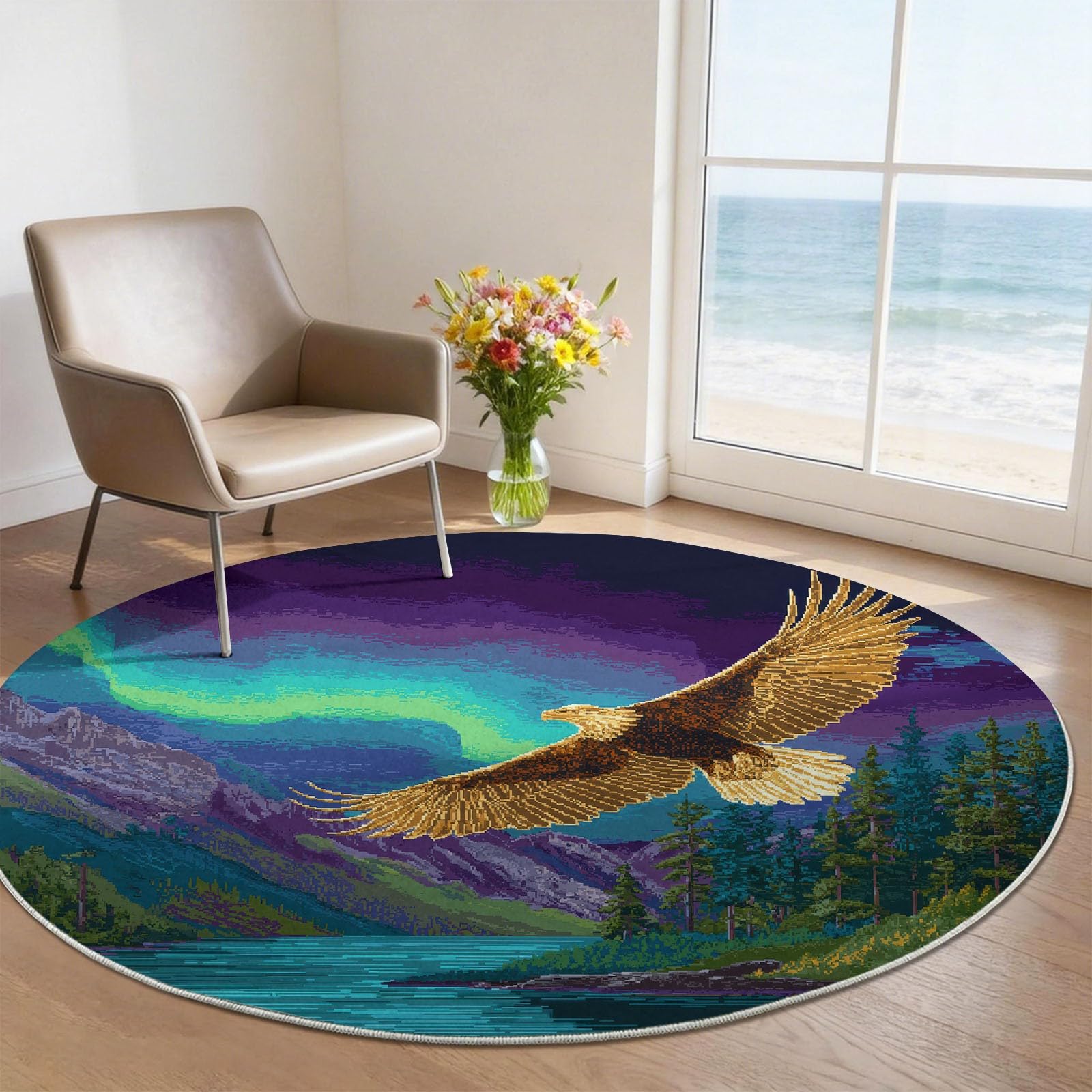 Tappeto rotondo lavabile, 150 cm, viola, verde, rotondo, per soggiorno, camera da letto, tappeto retrò con aquila dorata e luci polari, a pelo corto, rotondo, per sala giochi
