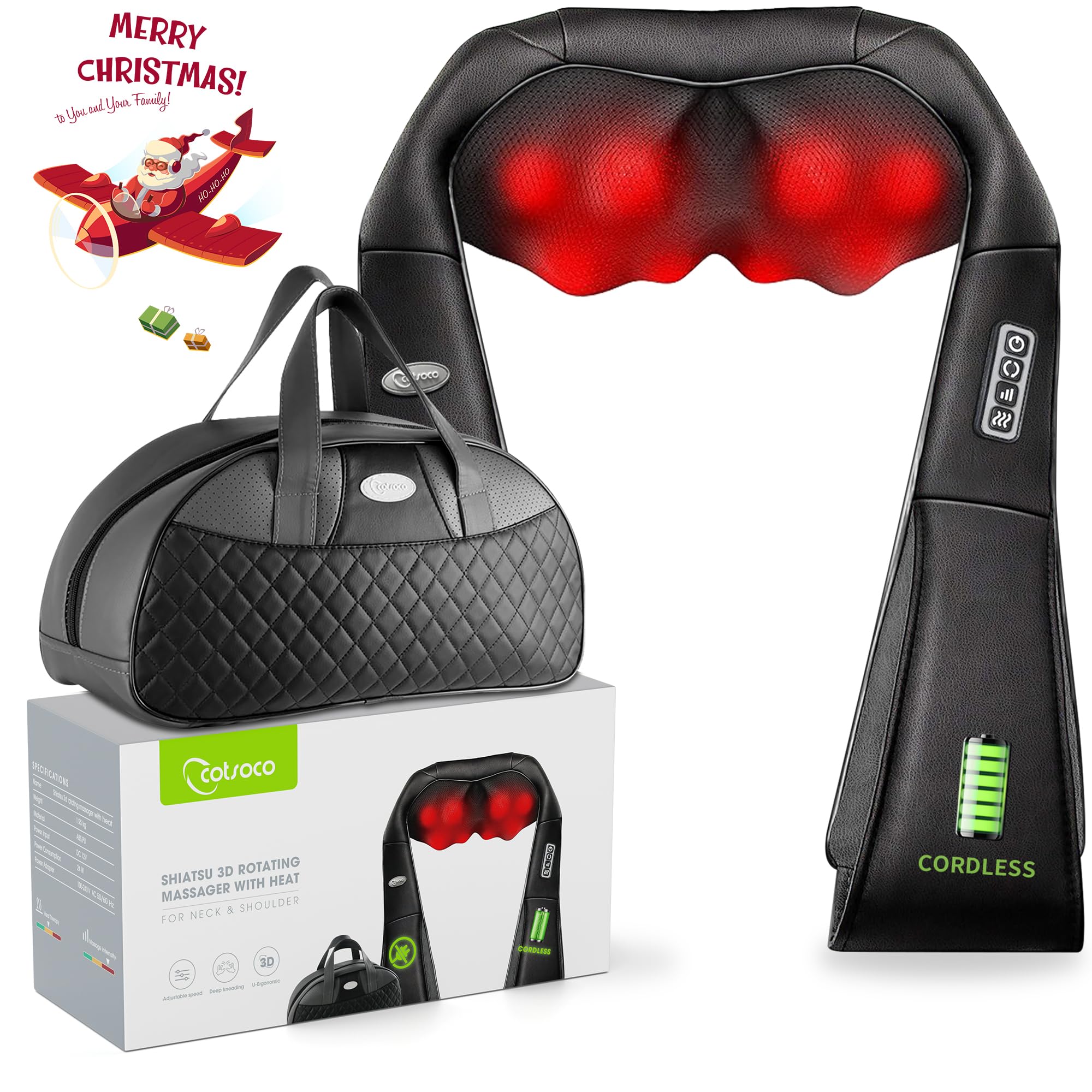 cotsoco Masseur sans fil pour cou et épaules, dispositif de massage shiatsu avec chaleur, portable pour soulager la douleur dans le cou et le dos, massage électrique, cadeaux pour femmes, hommes M861