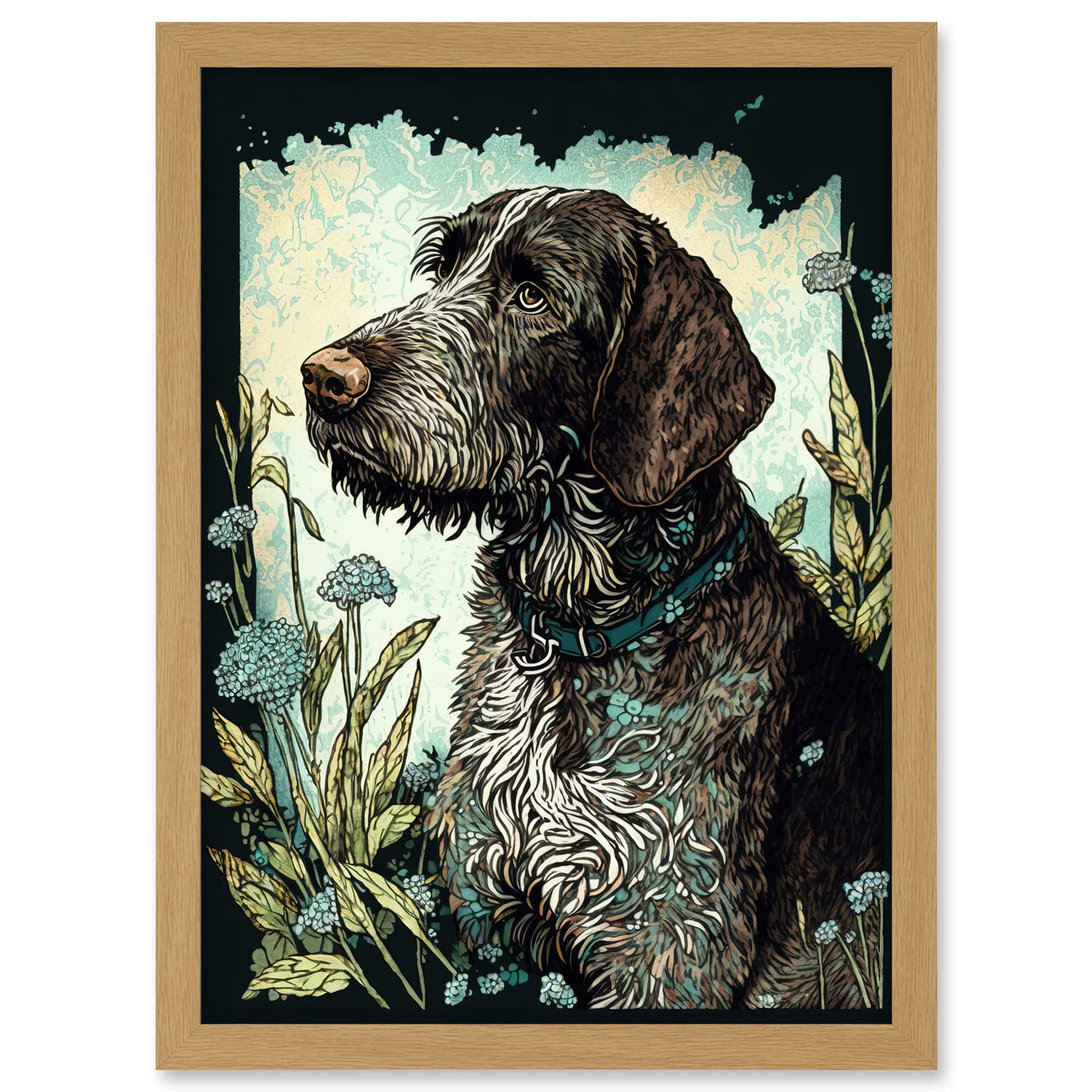Artery8 German Wirehead Pointer Dog and Blue Wildflowers Modern Portrait Illustration Artwork Framed A3 Wall Art Print
