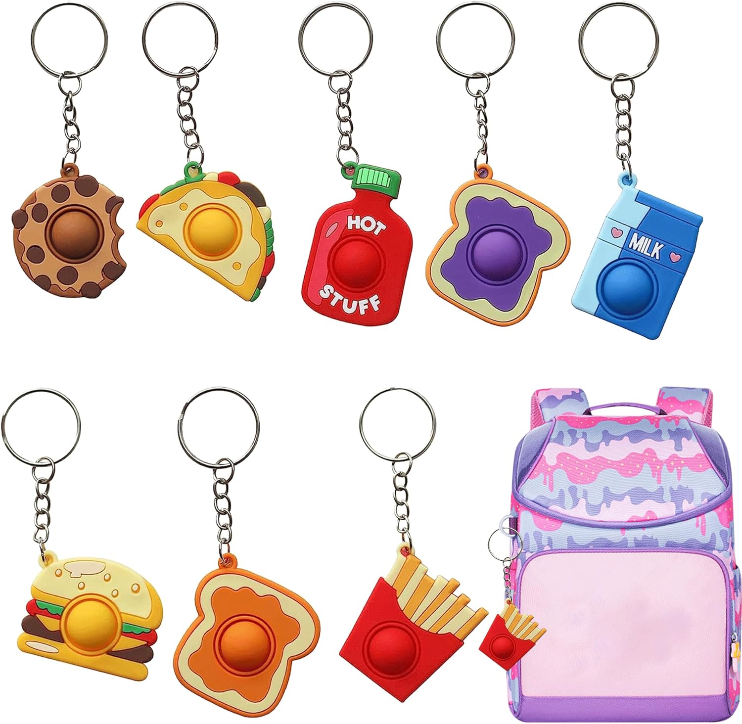 8Pcs Silicone Pop it Keychain Relief Fidget Keyring for Home Work