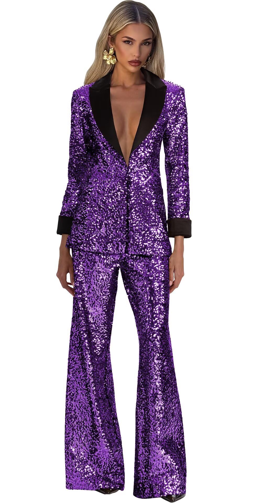 Sequin Suits for Women Regular Fit Womens Sparkly Blazer Pants Purple Womens Pants Suit for Wedding Guest Size