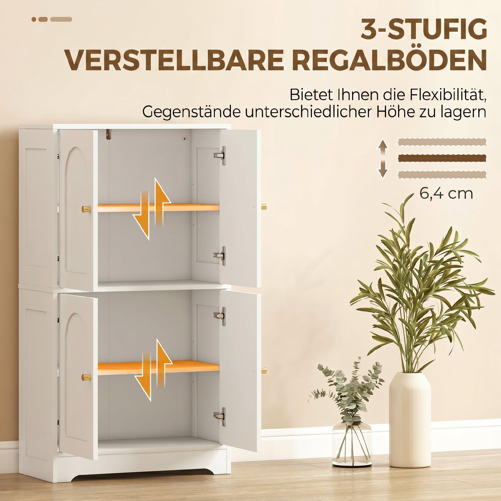 HOMCOM Küchenschrank, Hochschrank mit 2 verstellbaren Regalböden, Küchenbuffet Buffetschrank mit 4 gewölbten Türen, für Wohnzimmer, Weiß, 60 x 30 x 110 cm