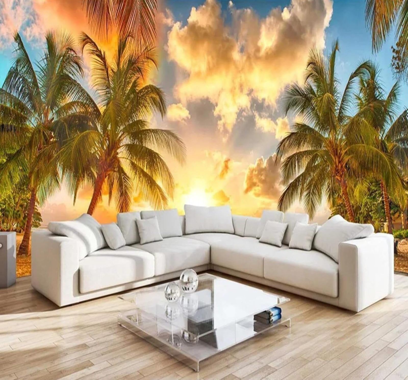 XLMING Beautiful Sunset Sea Coconut Trees Beach 3D Wallpaper Luxury Home Dining Decor Paste Sofa Living Room The Wall for Bedroom Mural-300cm×210cm