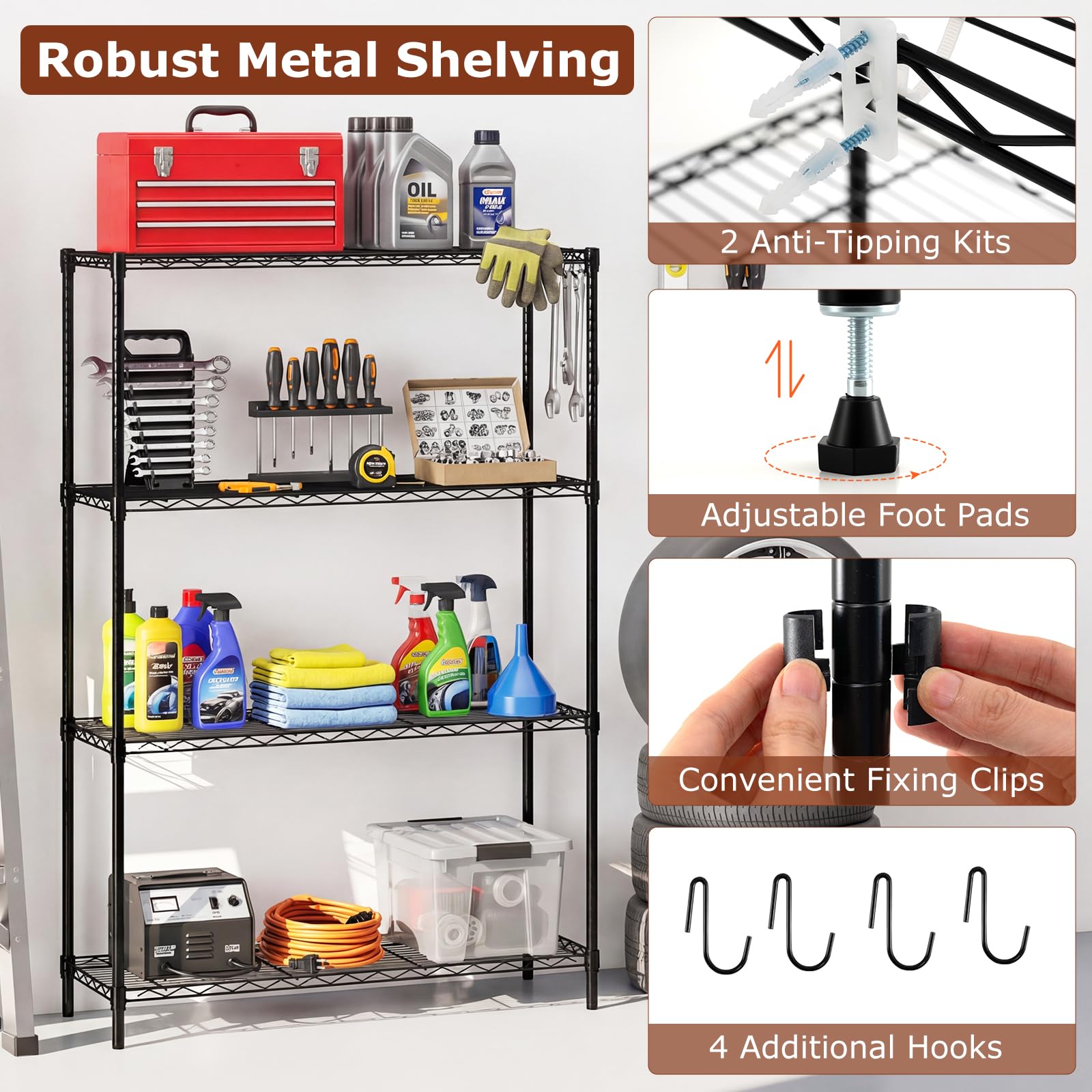 GIANTEX Ripiano portaoggetti a 4 livelli regolabile in altezza, scaffale in metallo, supporto fino a 567 kg, libreria in filo metallico con 4 ganci, per garage, cantina, cucina, 91 x 35 x 138,5 cm