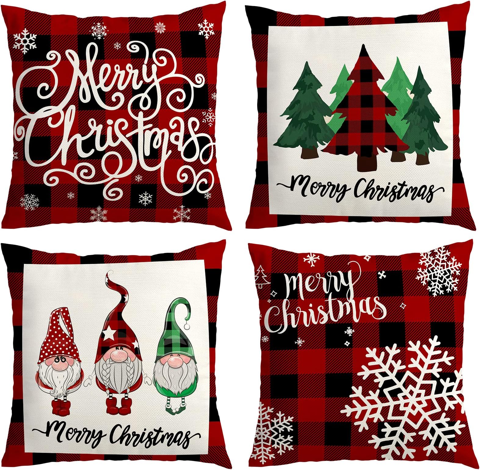 Christmas Decorations Pillow Covers 18x18 inch Set of 4 Christmas Decor Pillow Covers for Sofa Couch Buffalo Check Plaid Xmas Tree Snowflake Dwarf Christmas Decorations Clearance Indoor Outdoor