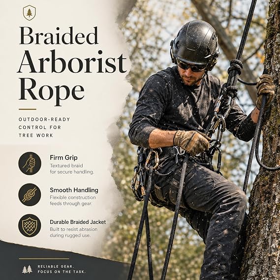 Braided Polyester Arborist Rope (3/8 inch X 50 feet) High Strength Bull Rope for Tree Work Truck Securing Camping Swing, Black