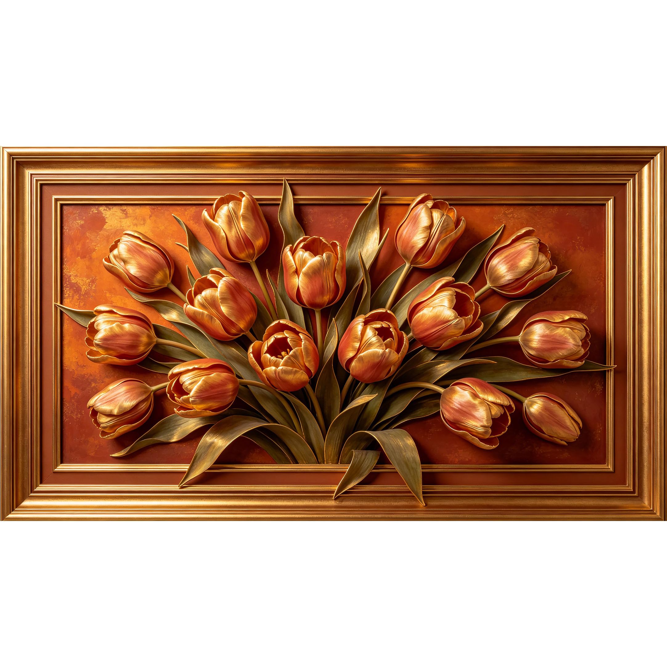 QZLITHOTIC 50x90cm3D Framed Wall Art， Golden Tulip Bouquet Botanical Oil Painting Self‑Adhesive Mural， Water‑Activated Peel & Stick Fabric Decor Wall Decal for Bedroom Living Room