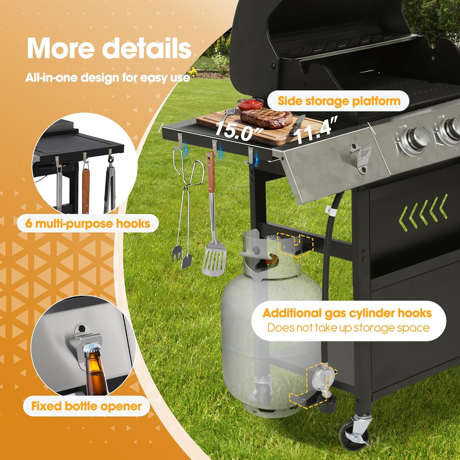6-Burner Propane Gas Griddle Grill Combo with Side Burner, 3-in-1 Flat Top Portable Outdoor BBQ Grill w/Porcelain-Enameled Cast Iron Grates & Pan, Storage, Wheels for Patio, Backyard, Camping
