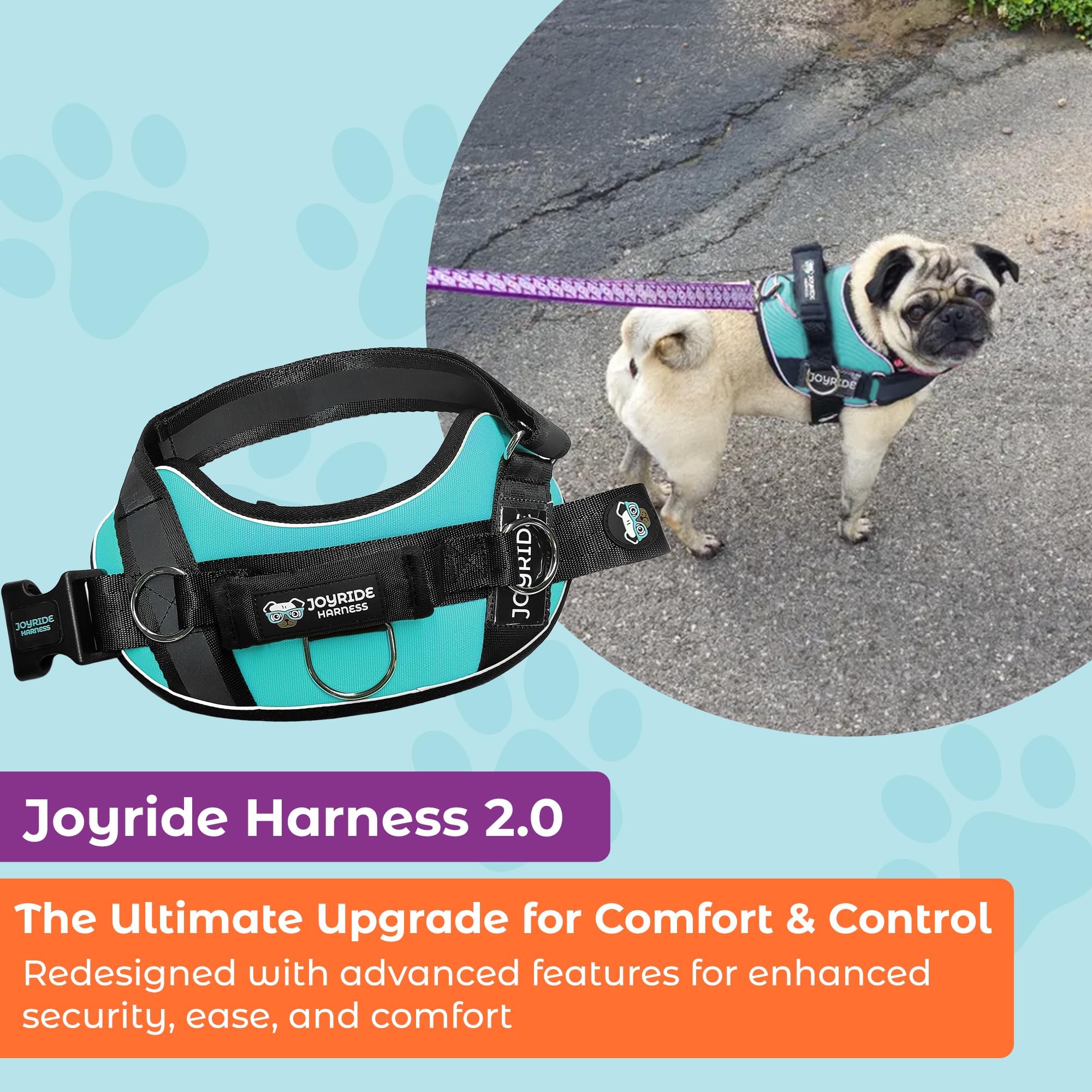 Joyride - Arnés 2.0 - Anillo Lateral Original sin tirones - sin Asfixia - antigoteo - Reflectante - 3 Clips de Lino - Chaleco con Ajuste rápido para Mascotas - Fácil de Instalar