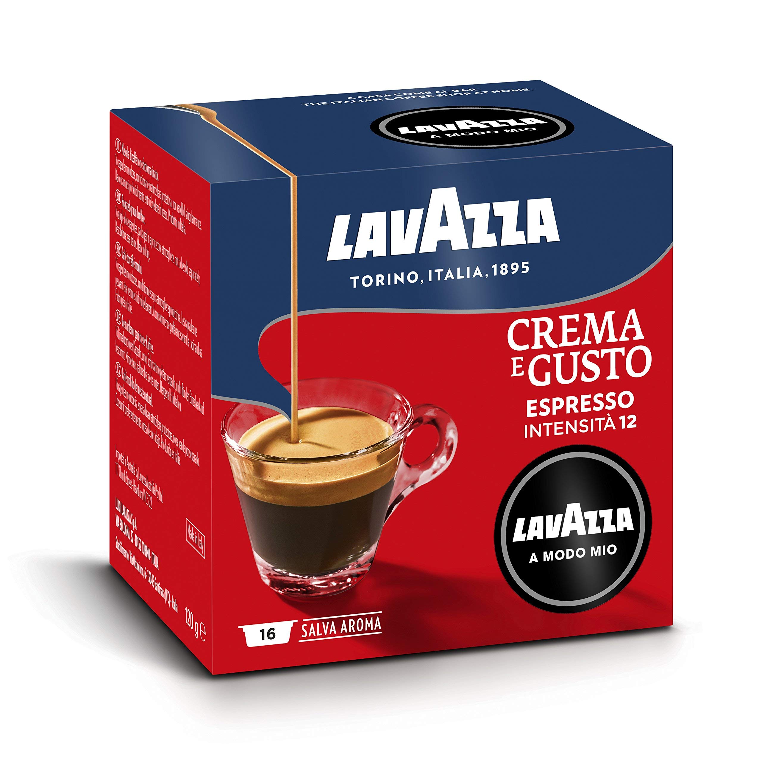 Lavazza, A Modo Mio Crema y Sabor Clásico, 256 Cápsulas Café para Espresso con Notas de Chocolate y Frutas Secas, Arabica y Robusta, Intensidad 12/13, Asado Mediano, 16 Cajas de 16 Cápsulas