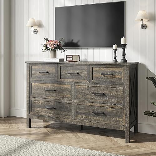 Farmhouse 7 Drawers Dresser for Bedroom, Wood Rustic Wide Chest with Natural Texture, Farmhouse Chest of Drawers for Bedroom, Hallway, Entryway, Dark Brown