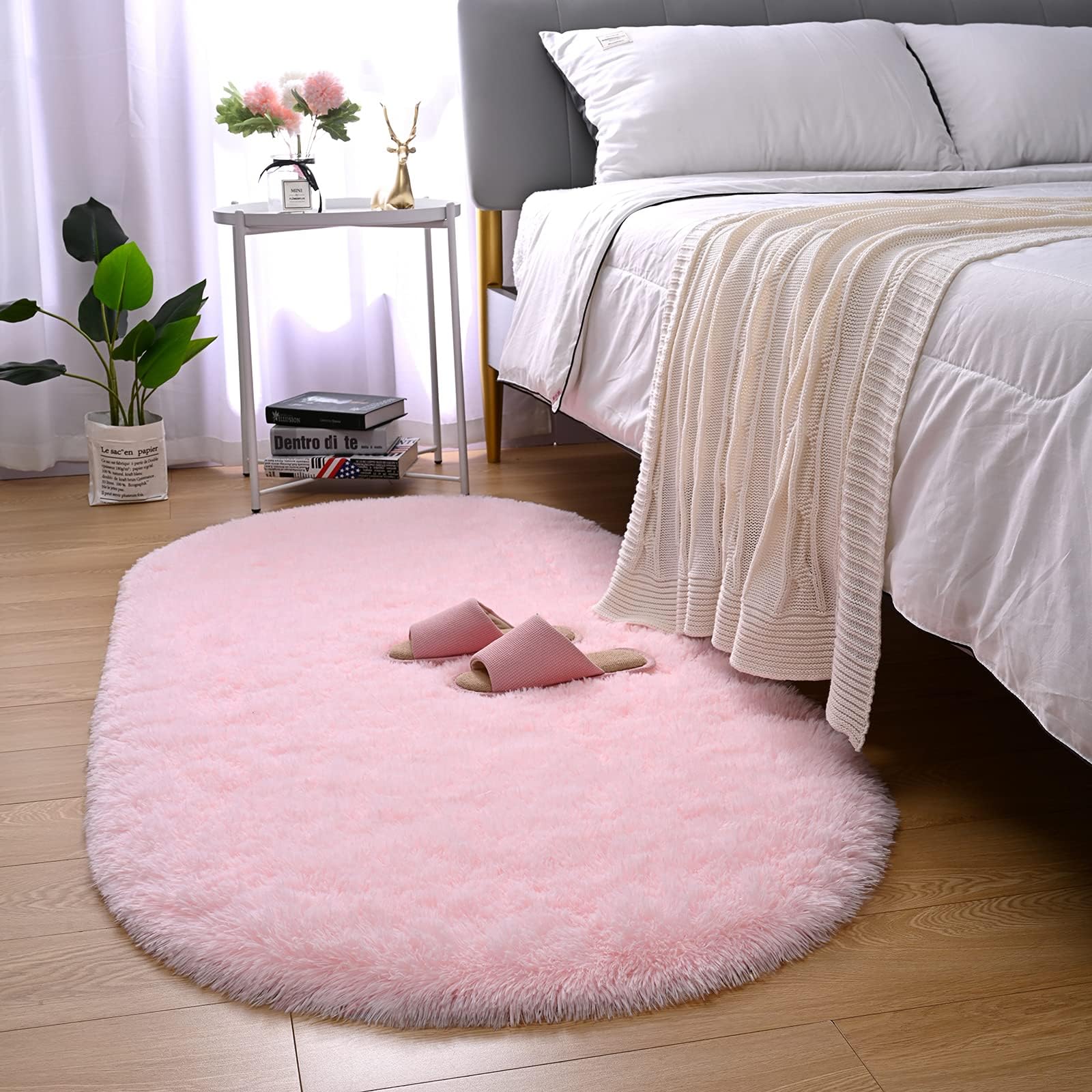 Merelax Soft Shaggy Rug for Kids Bedroom, Oval 2.6'x5.3' Pink Plush Fluffy Furry Carpets for Living Room, Teen Girls Room, Anti-Skid Fuzzy Comfy Rug for Nursery Decor Cute Baby Play Mat
