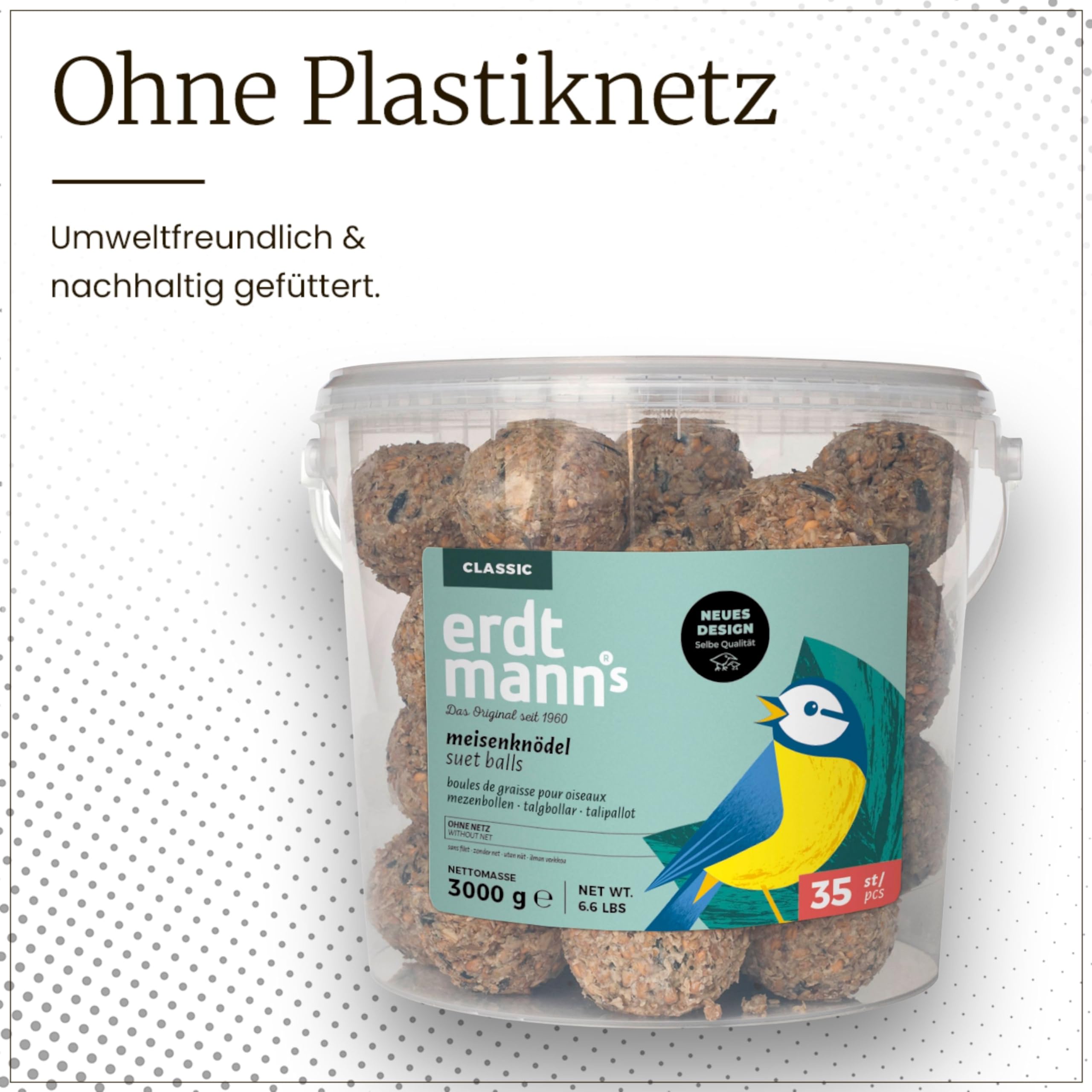 Erdtmanns Meisenknödel ohne Netz 35 Stück im Eimer 3 kg – Wildvogelfutter mit Getreideflocken & Sonnenblumenkernen – umweltfreundlich & ganzjährig – ohne Plastiknetz