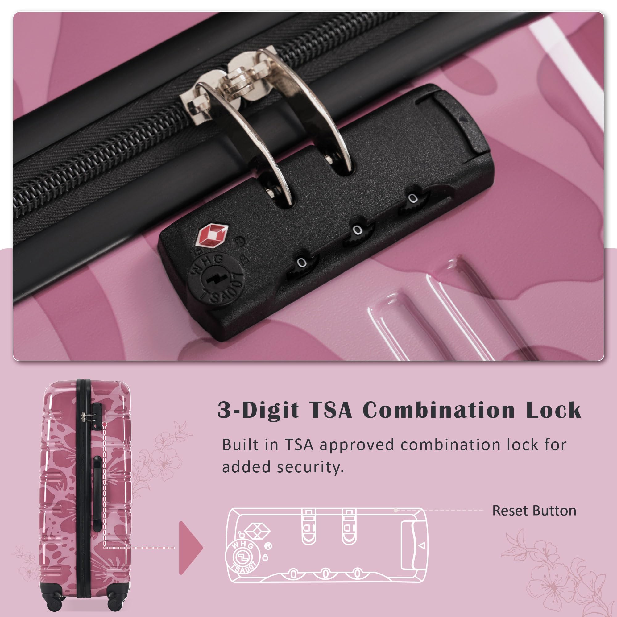 Set di 3 valigie rosa da 50/61/28 pollici, con guscio rigido con ruote girevoli, valigia rigida con ruote girevoli, valigia leggera a quadri con serratura TSA, per ragazze e uomini, Rosa