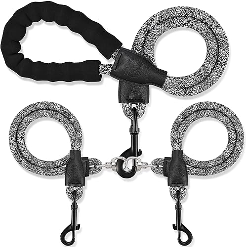 Double Dog Leash for Two Dogs - Detachable 360° Swivel, No Tangle Leash with Reflective Strips for Walking and Training Small Medium and Large Dogs, L/40-150ibs, Black