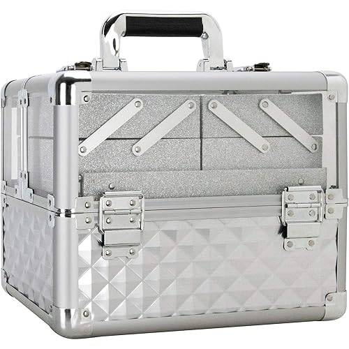 Miniatura 9 de Estuche de maquillaje profesional, organizador de maquillaje de viaje acrílico resistente con 4 bandejas extensibles, diamante de oro rosa (VP017-85)