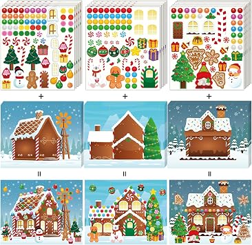 jollylife 38Pcs Christmas Crafts Gingerbread House Stickers Kit | Creates 19 Gingerbread House,Christmas Classroom Family Activities,Holiday DIY Arts and Crafts,Party Favors Supplies Bulk