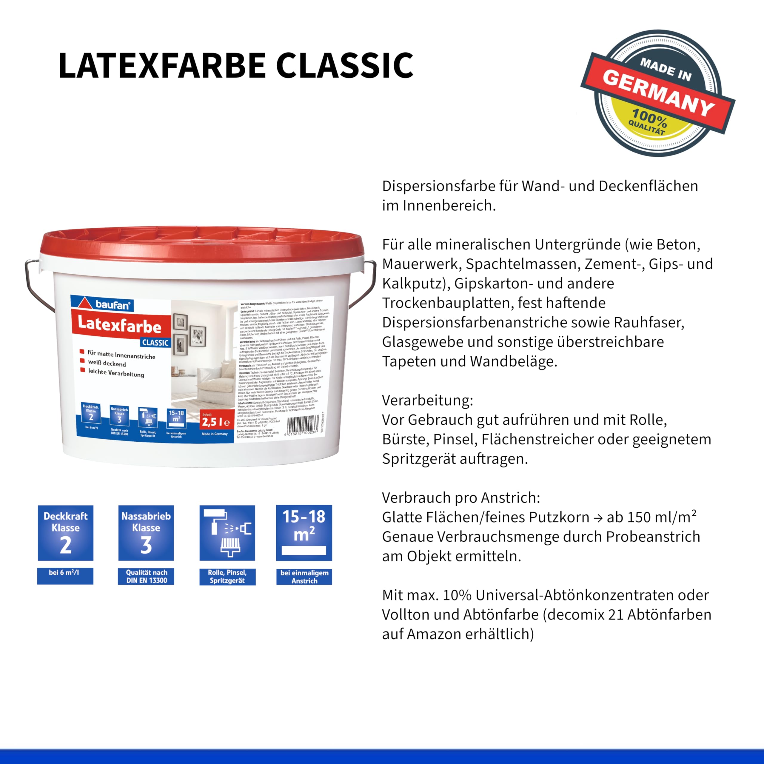 Baufan Latexfarbe classic 2,5 Liter | Nassabriebbeständig | weiß | für matte Innenanstriche | lösemittelfrei