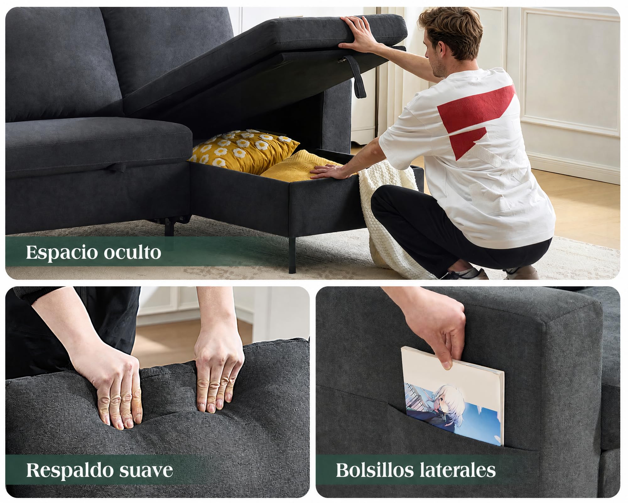LUXOAK Sofá Cama en L 3 Plazas con Almacenamiento (Gris, Patas Altas)