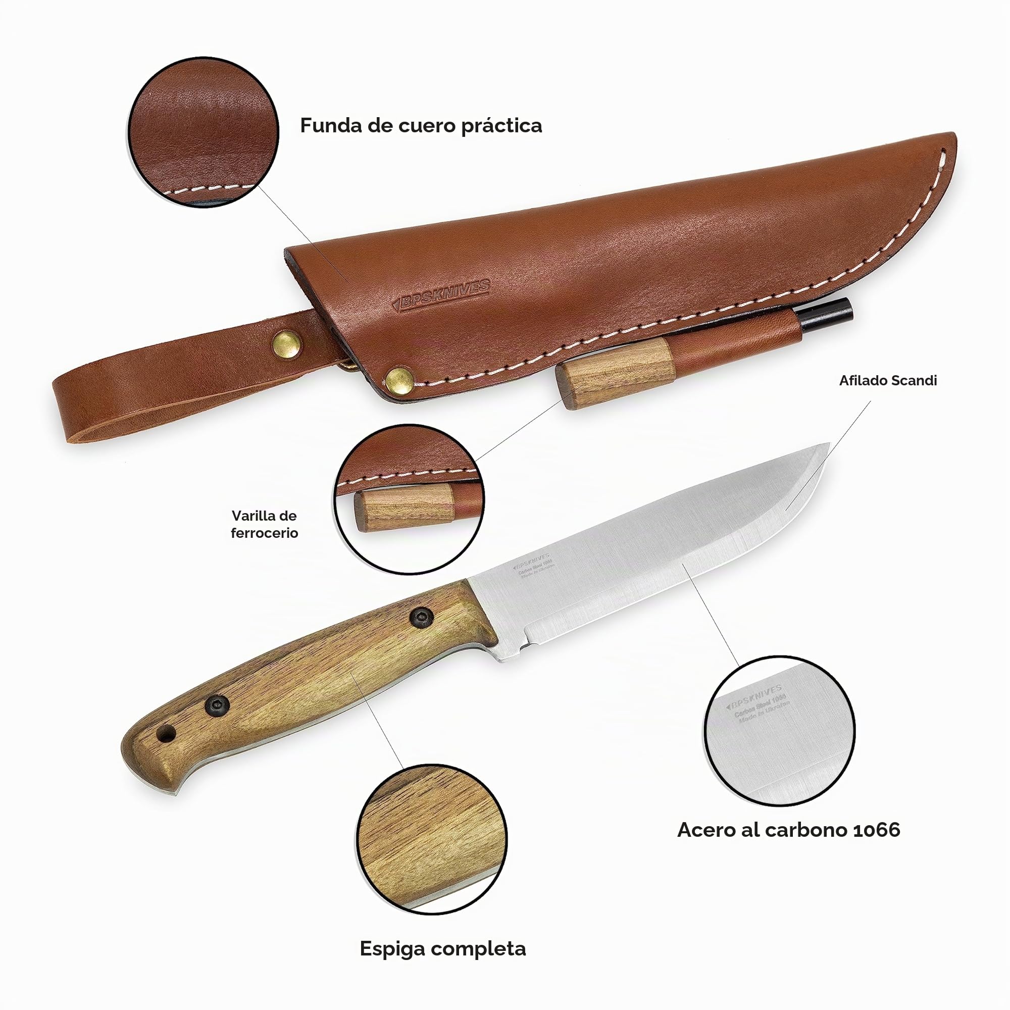 BPSKNIVES Adventurer - Cuchillo Bushcraft - Cuchillo de Acero al Carbono de Hoja Fija con Funda de Cuero y Encendedor - Cuchillo de Mango Completo - Cuchillo de Campamento