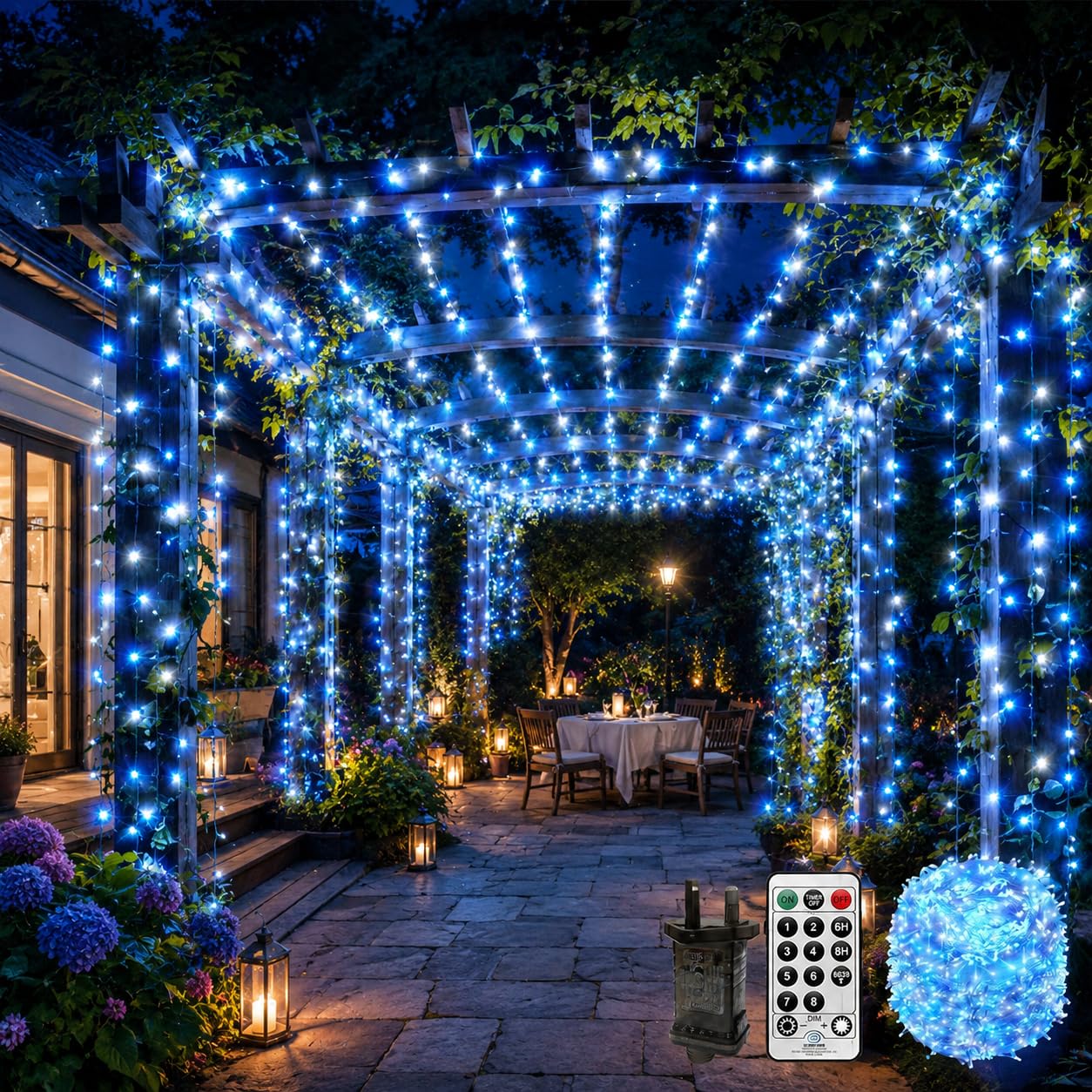 CORST 100 m 600 LED Lunghe lucine per esterni Plug in Garden Fairy Lights Luci esterne per alberi impermeabili con telecomando e timer per Gazebo da interni Decorazioni pasquali (blu + bianco)
