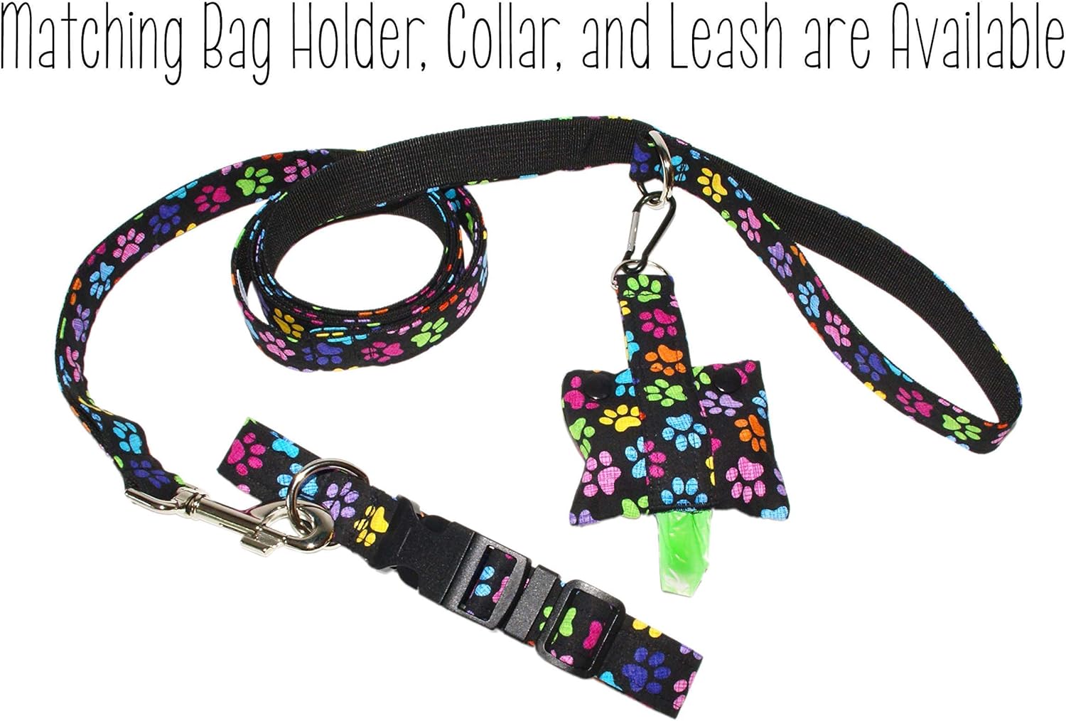 Fashion Tote Waste Bag Holder - Dog Poop Bag Dispenser With Clip - Bottom Dispensing For One-Handed Use - Clips on Leash - Colorful Pawprints on Black - Handmade