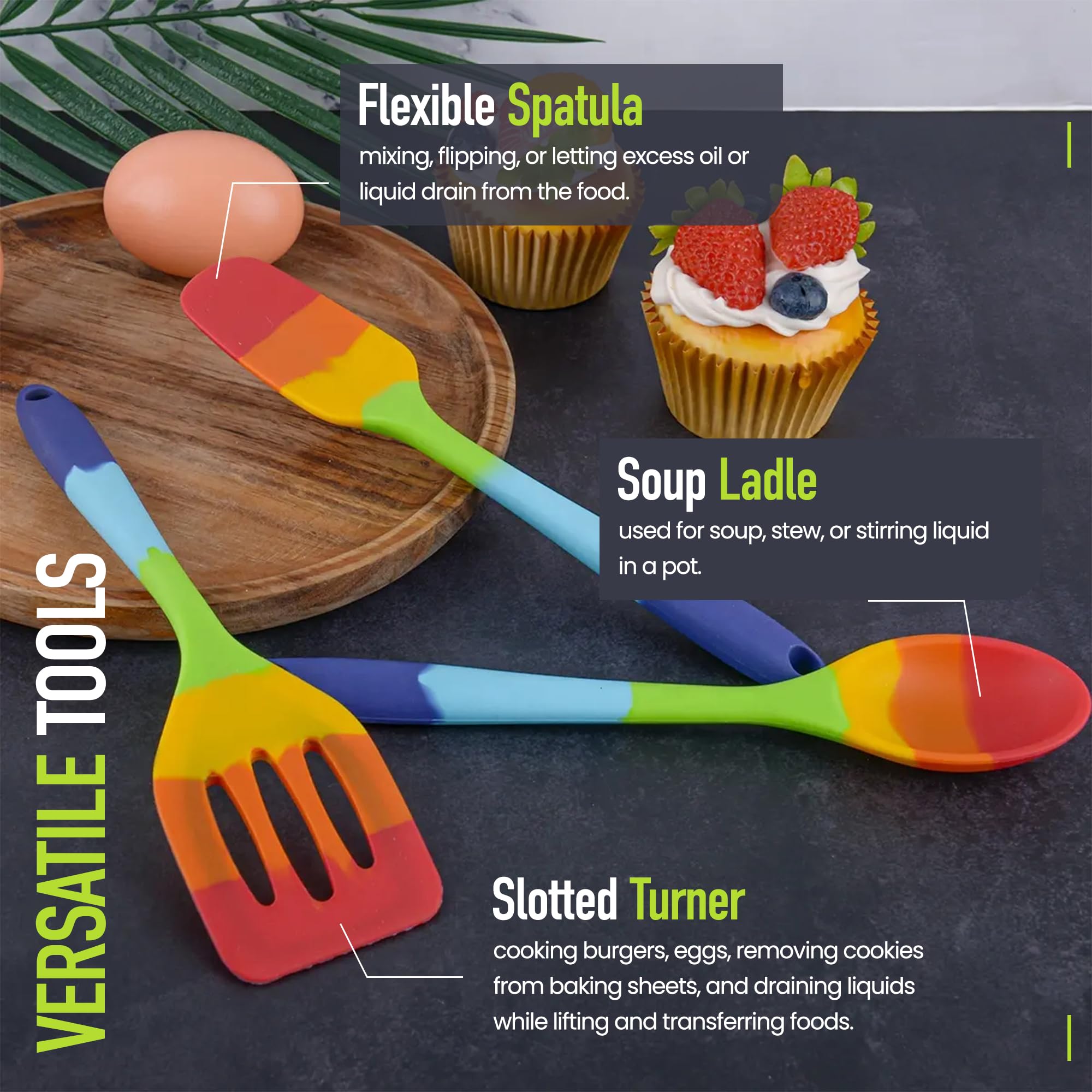 Rainbow - Juego de espátulas de silicona para cocinar y hornear, multicolor, 8 piezas resistentes al calor, utensilios de cocina antiadherentes, espátula flexible, cuchara, espátula, cepillo, seguro