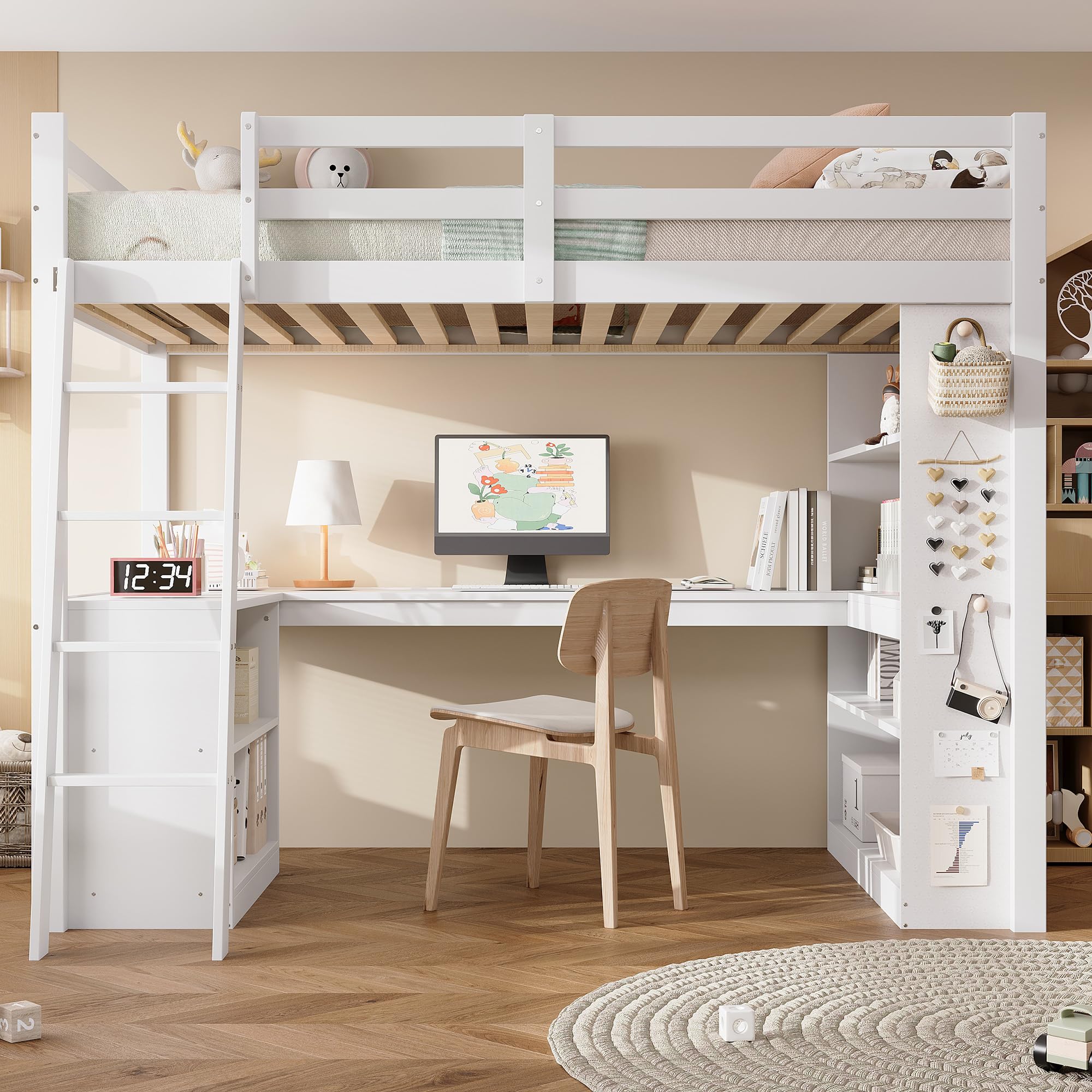 SUKY Cama Alta 90x200 cm con Estante de Almacenamiento y Barandilla de Seguridad