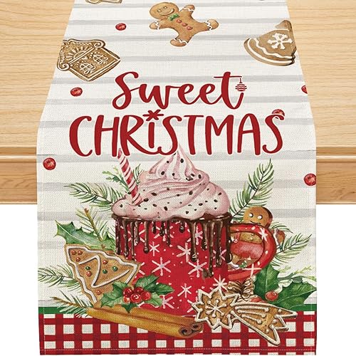 Siilues Camino de mesa de Navidad, decoración navideña de pan de jengibre, helado, dulce camino de Navidad para mesa, decoración de vacaciones de