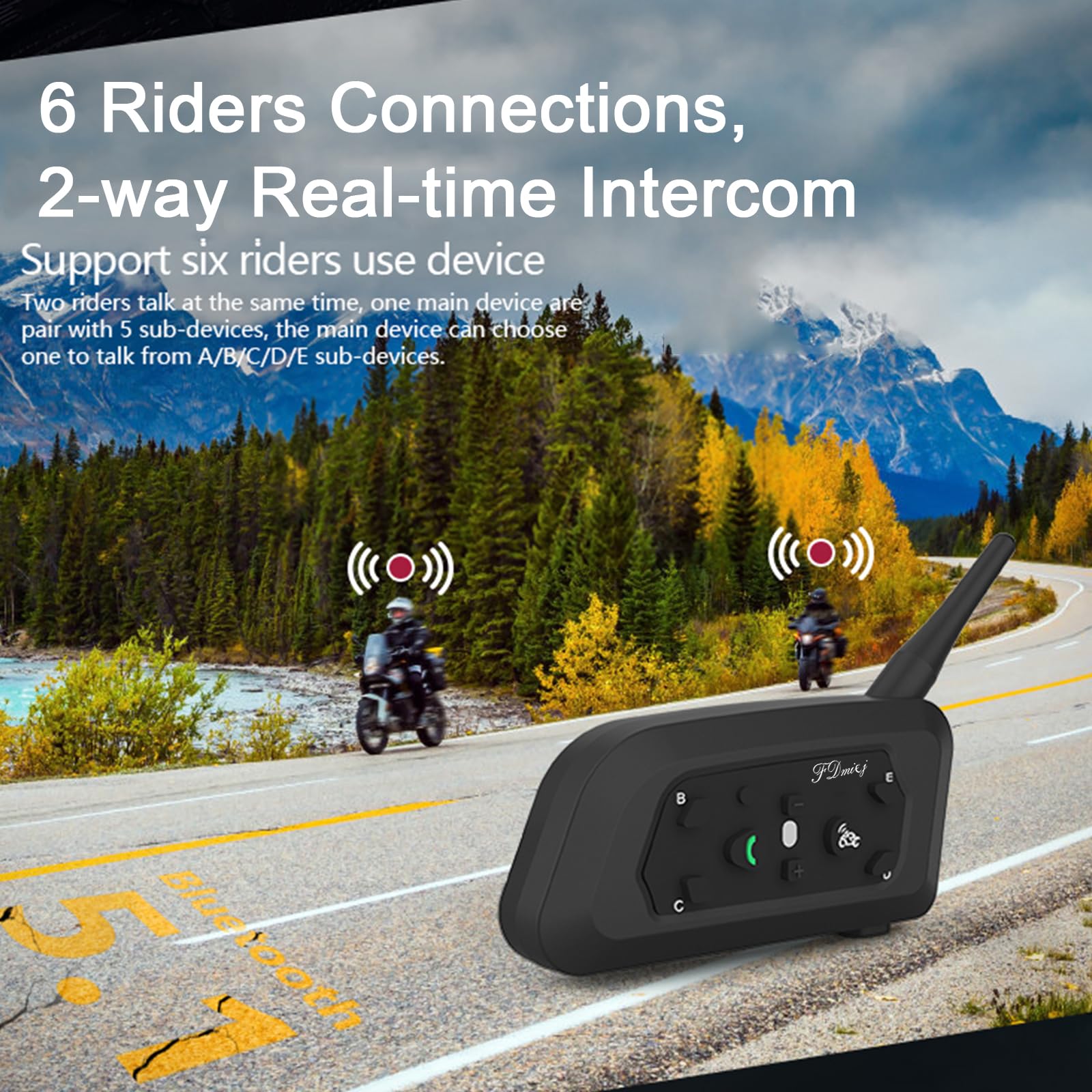 FDmiej V6 Interfono Moto Bluetooth Interfono in Tempo Reale Auricolare Casco Moto 6 Motociclisti Riduzione del rumore CVC Impermeabilità, Universale