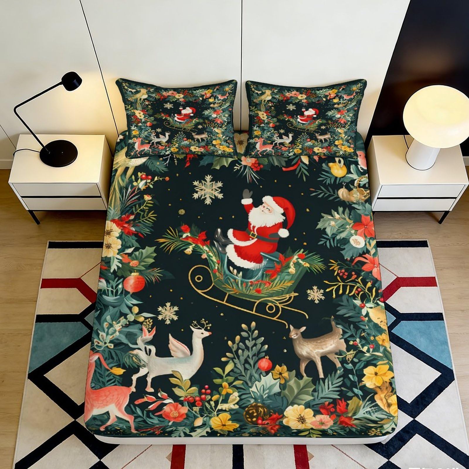 Pnayamiorkfel Style-2 3D Printed Christmas Santa Sleigh Fitted Sheet Microfiber Soft Festive Reindeer Bed Cover For Bedroom Guestroom Decor 90X200x25cm