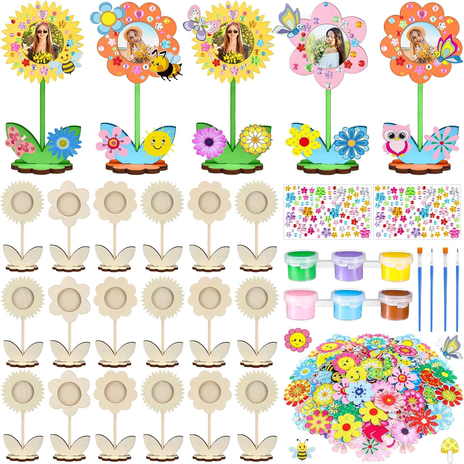 24 Sets Mother's Day Crafts Bulk Spring DIY Flower Picture Frame Kit Unfinished Solid Wood Flower Picture Frames Craft with Gems Sticker Paint Brush for DIY Birthday Party Gift(Assorted Styles)