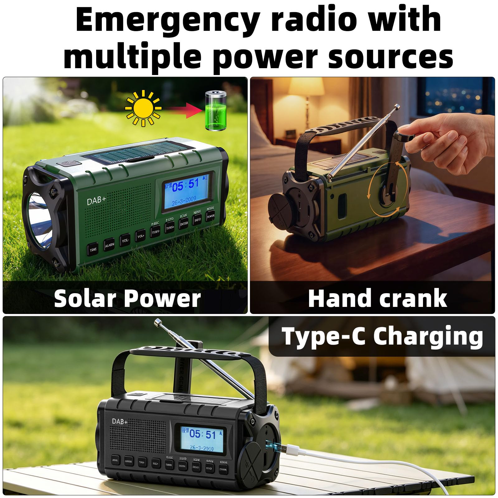 SOLARBABY Dab+/FM Radio Solaire d’Urgence, Radio à Manivelle avec 20000mAh Power Bank, Radio Solaire Dynamo avec Lampe Torche Lampe de Lecture Alarme SOS USB pour Randonnée Camping Extérieur, Noir
