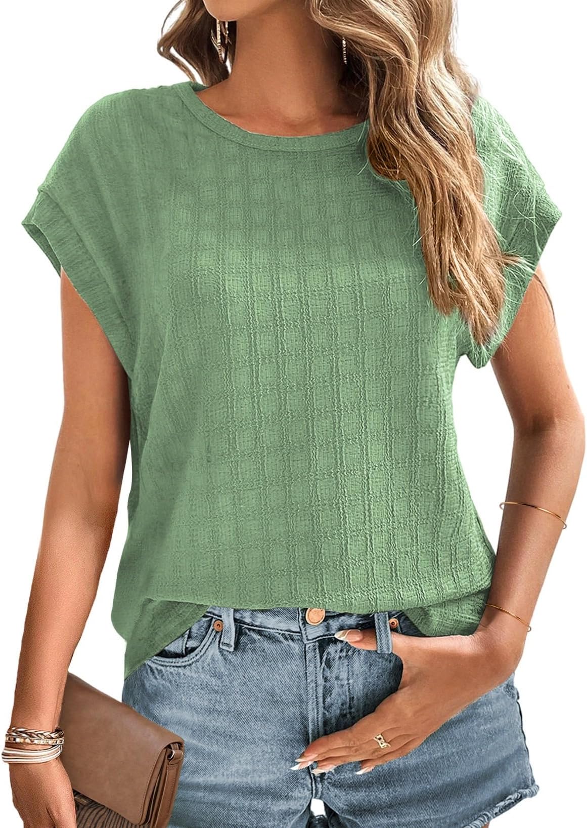 Womens Blouses Summer Casual Cap Short Sleeve Tops Basic Textured Solid Color Round Neck T Shirts Blouse