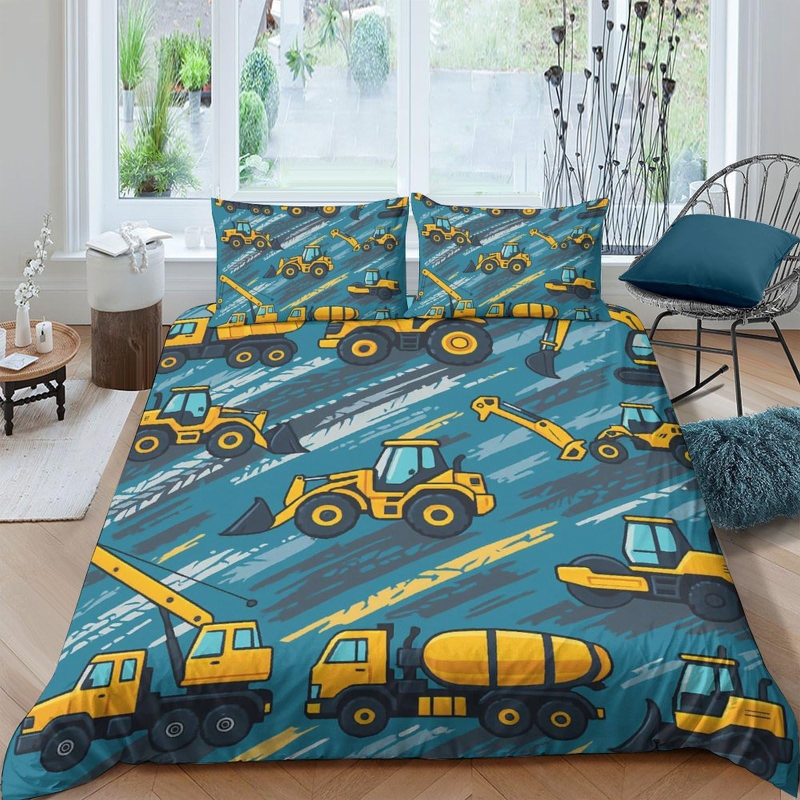 Ctjqhvkz Style-7 3D Printed Construction Vehicle Fitted Sheet Microfiber Soft Blue Yellow Truck Bed Cover For Bedroom Guestroom Mattress Protection Decor Single（135X200cm）