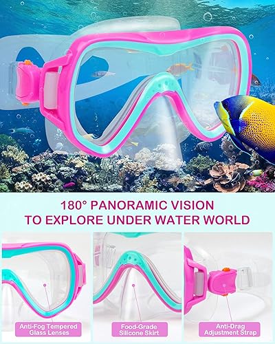 Miniatura 3 de Juego de esnórquel para niños, aletas de máscara de esnórquel panorámica+snorkel superior seco, aletas de natación ajustables, bolsa de malla,