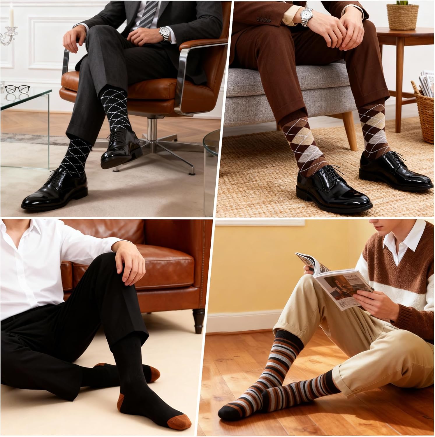 6 PairsMens Dress Socks Business Casual Pattern，Classic Argyle Mid Calf Socks. - Image 2