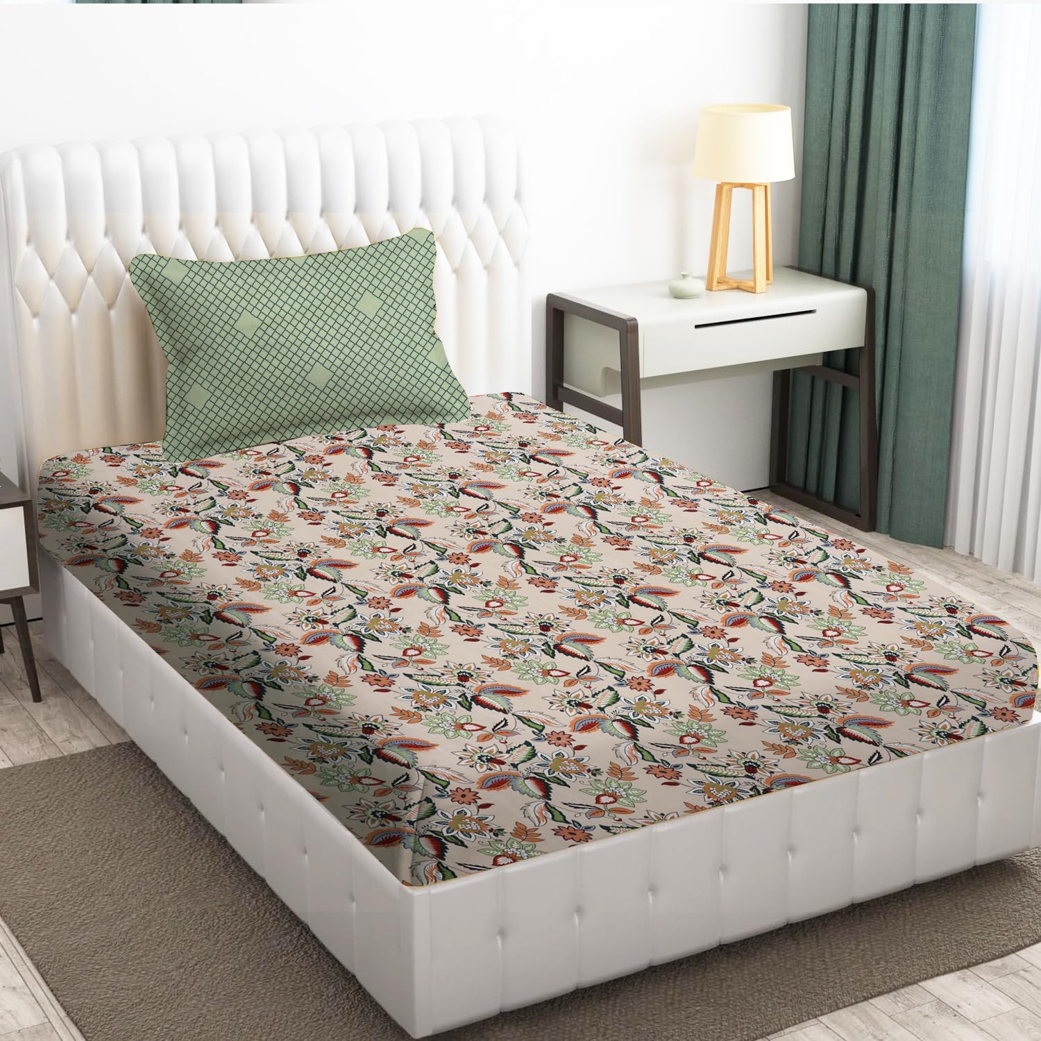 Home Stylish 280 TC Floral Print Ezyption Cotton 1 Single Bedsheet with 1 Pillow Cover Light Cream